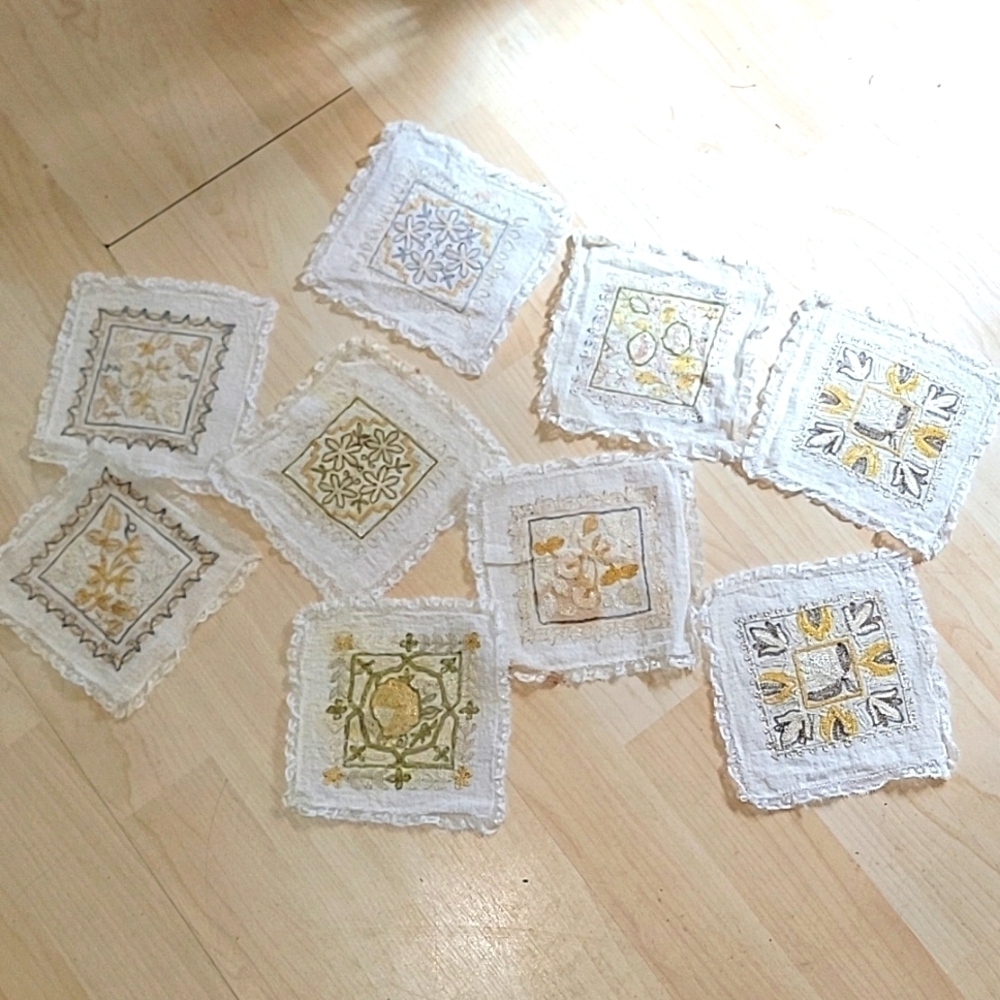 Syrian Aghabani Vintage Hand Embroidered Lace Coasters 9 Pieces